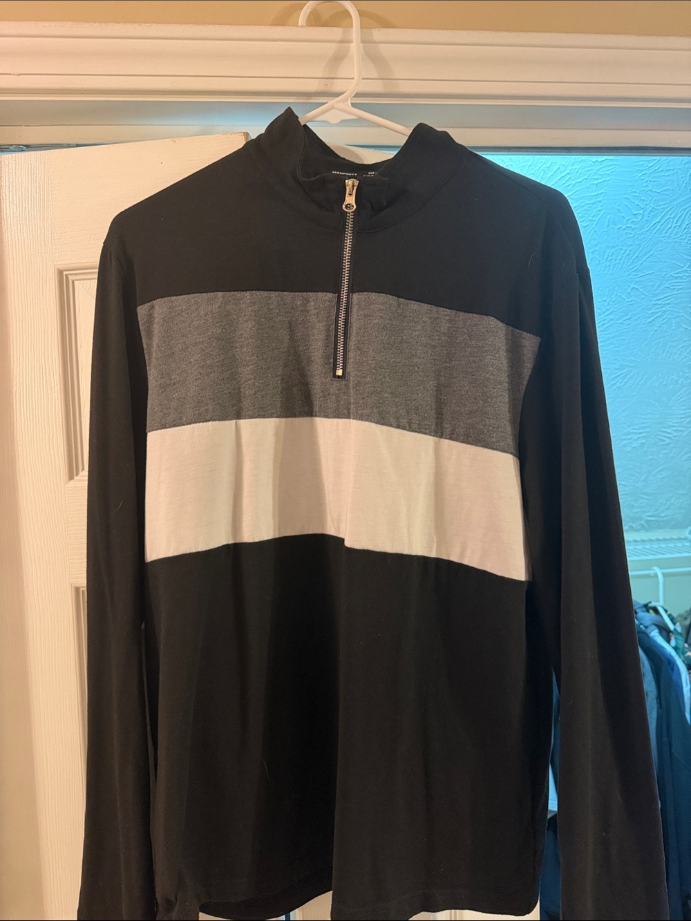 NFINITY Black Quarter-Zip light weight Sweater with Gray and White Stripes